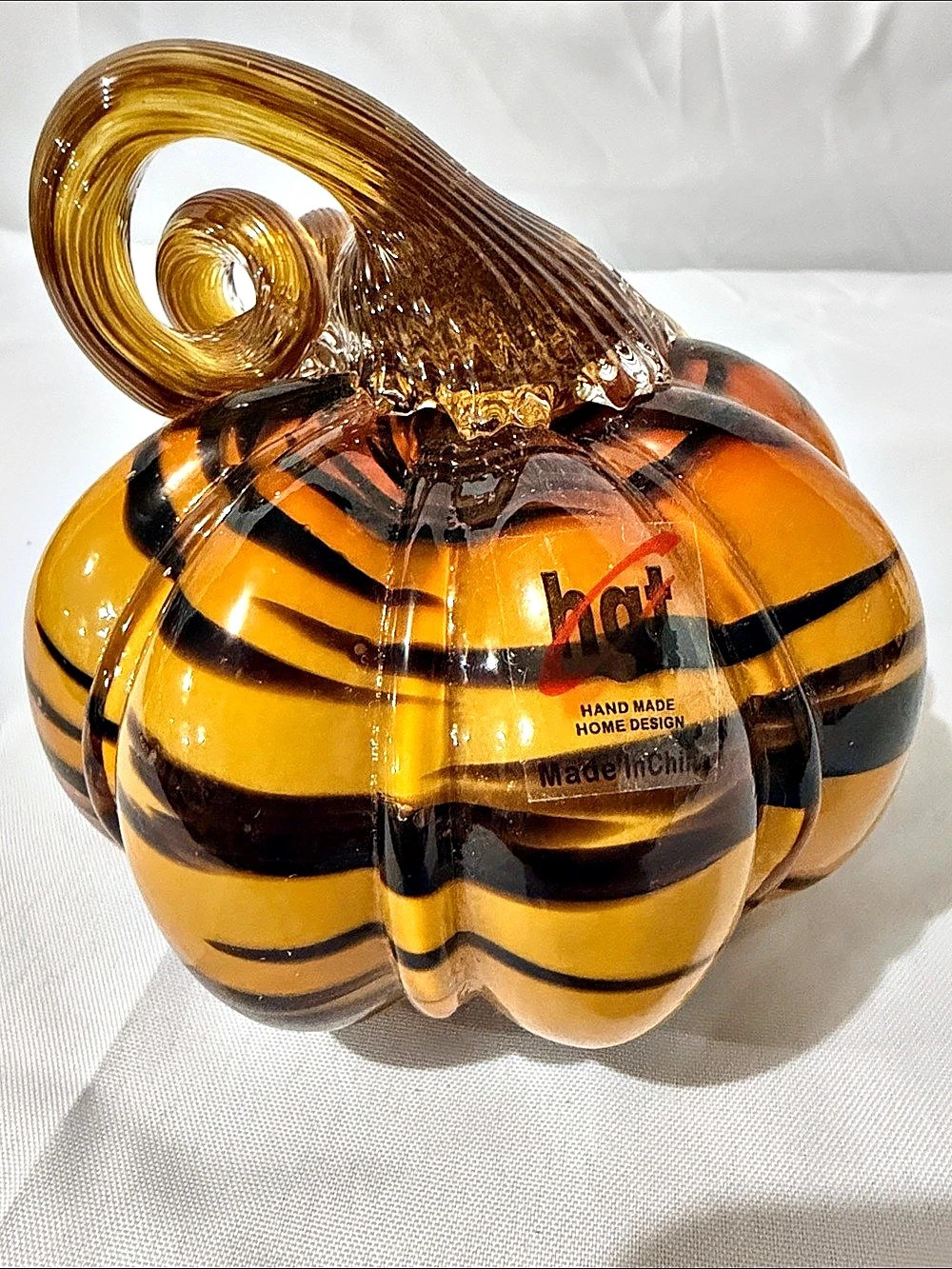 HQT Hand Made Home Design Hand Blown Art Glass Pumpkin Figurine Orange & Brown